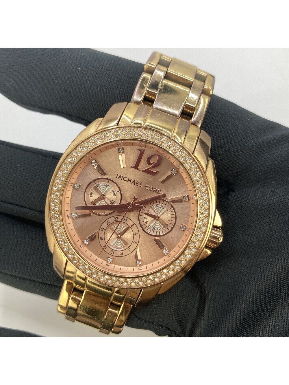 Michael Kors MK5692 Rose Gold Crystal Bezel Day Date Dial Ladies Watch 38mm
